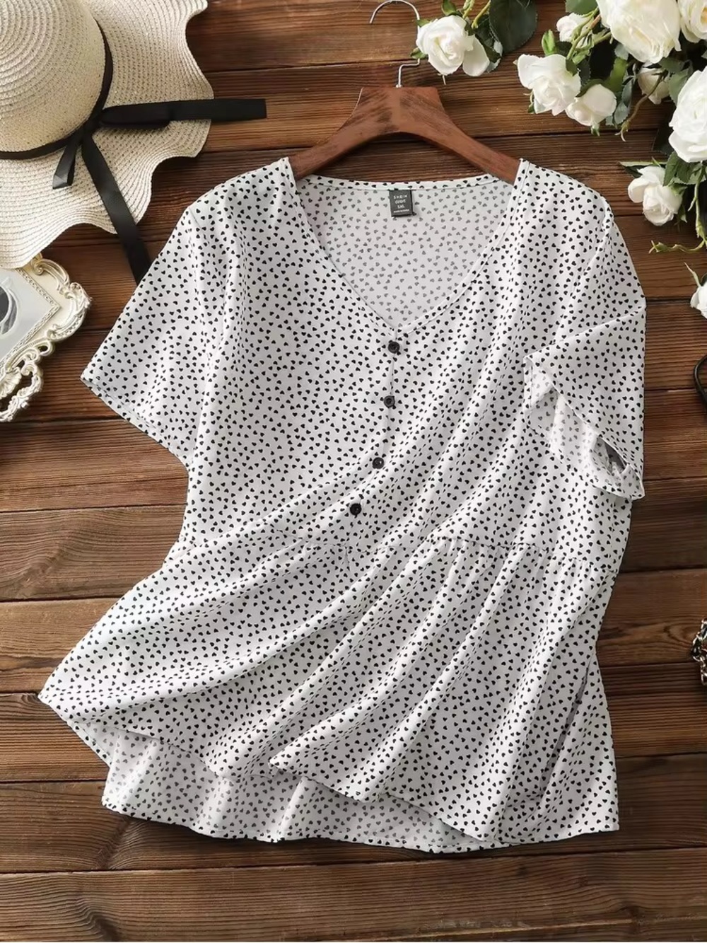 SHEIN White V-Neck Button Front Top with Black Heart Print